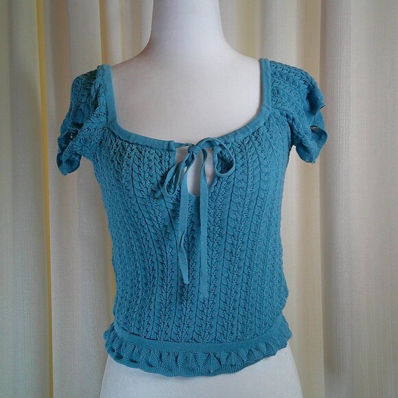 Guess Teal Knit Puff Sleeve Crop Top with Front Tie Size S - Picture 1 of 8